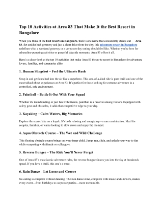 Top 10 Activities at Area 83 That Make It the Best Resort in Bangalore