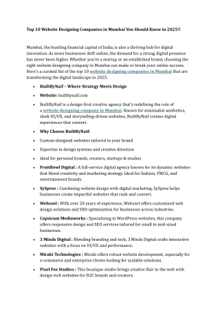 Top 10 Website Designing Companies in Mumbai You Should Know in 2025!!