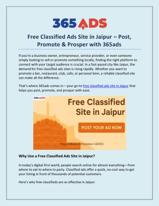 Free Classified Ads Site in Jaipur – Post, Promote & Prosper with 365ads