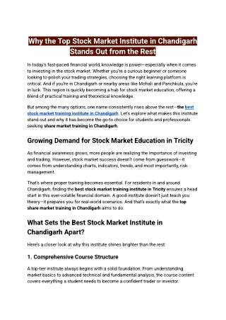 Why the Top Stock Market Institute in Chandigarh Stands Out from the Rest