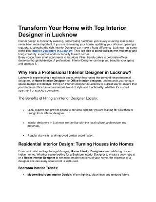 Transform Your Home with Top Interior Designer in Lucknow
