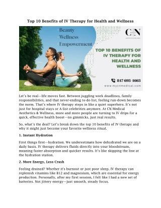 Top 10 Benefits of IV Therapy for Health and Wellness