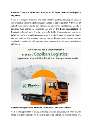 Reliable Transport Services in Sonipat for All Types of Goods at Gopiban Logistics