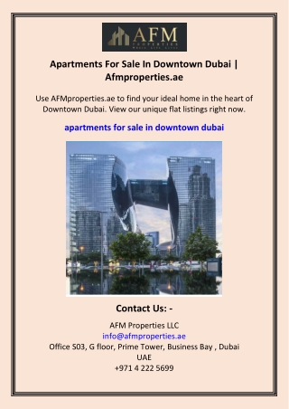 Apartments For Sale In Downtown Dubai  Afmproperties.ae