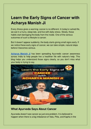 Early Signs of Cancer & Ayurvedic Healing by Acharya Manish Ji