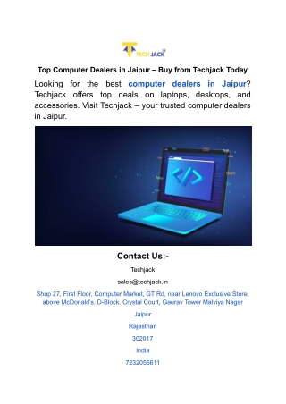 Top Computer Dealers in Jaipur – Buy from Techjack Today