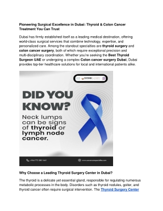 Pioneering Surgical Excellence in Dubai: Thyroid & Colon Cancer Treatment You Ca