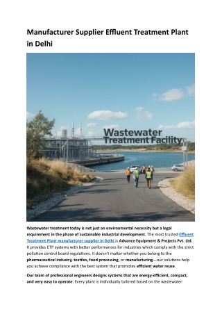 Manufacturer Supplier Effluent Treatment Plant in Delhi