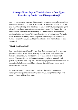 Kalsarpa Shanti Puja at Trimbakeshwar – Cost, Types, Remedies by Pandit Laxmi Narayan Guruji