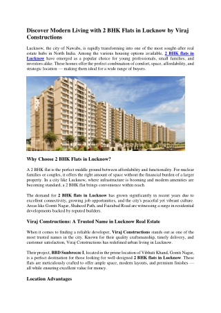 Discover Modern Living with 2 BHK Flats in Lucknow by Viraj Constructions