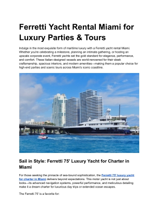 Ferretti Yacht Rental Miami for Luxury Parties & Tours