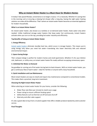 Why an Instant Water Heater Is a Must-Have for Modern Homes