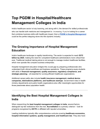 Top PGDM in Hospital/Healthcare Management Colleges in India