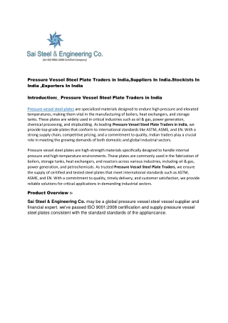 Pressure Vessel Steel Plate Traders in India