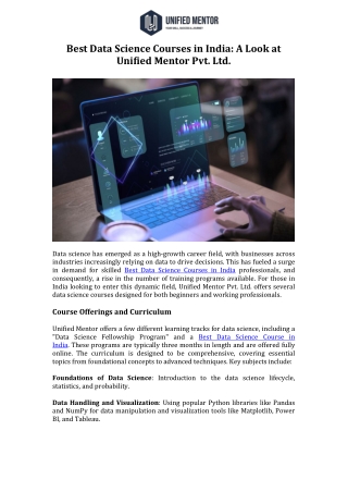 Best Data Science Courses in India A Look at Unified Mentor Pvt. Ltd