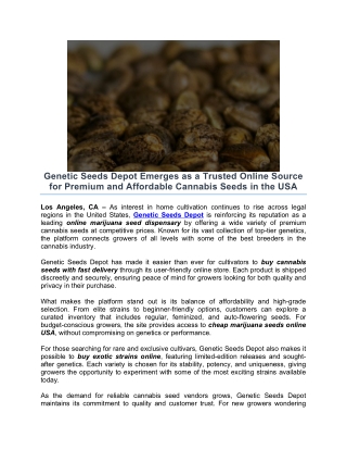 Genetic Seeds Depot Emerges as a Trusted Online Source for Premium and Affordable Cannabis Seeds in the USA
