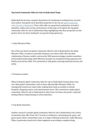 Top Gated Community Villas for Sale in Hyderabad Today