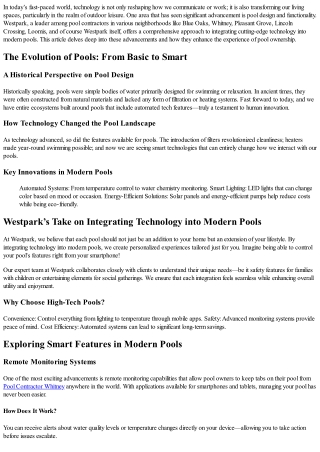 Westpark’s Take on Integrating Technology into Modern Pools