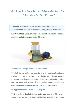 Can Flat Die Granulators Unlock the Next Era of Sustainable Fertilizers?