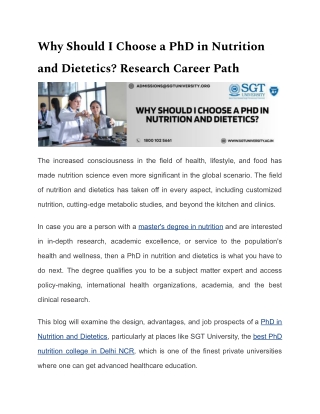 Why Should I Choose a PhD in Nutrition and Dietetics Research Career Path
