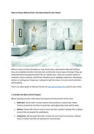 How to Choose Wall and Floor Tiles Best Suited for Your Home
