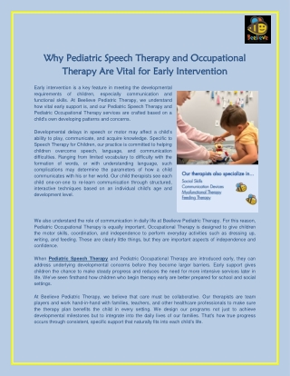 Why Pediatric Speech Therapy and Occupational Therapy Are Vital for Early Intervention