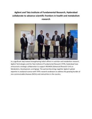 Agilent and Tata Institute of Fundamental Research, Hyderabad collaborate to advance scientific frontiers in health and
