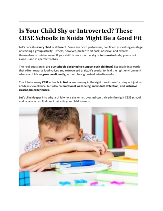 Is Your Child Shy or Introverted? These CBSE Schools in Noida Might Be a Good Fi