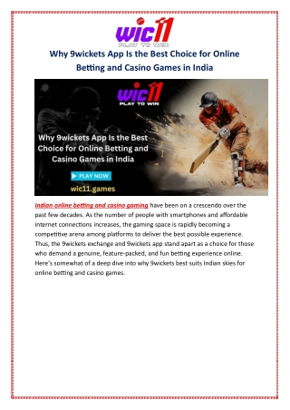 Why 9wickets App Is the Best Choice for Online Betting and Casino Games in India