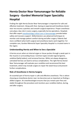 Hernia Doctor Near Yamunanagar for Reliable Surgery - Gurdevi Memorial Super Speciality Hospital