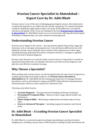 Ovarian Cancer Specialist in Ahmedabad – Expert Care by Dr. Aditi Bhatt