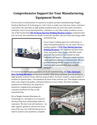 Comprehensive Support for Your Manufacturing Equipment Needs