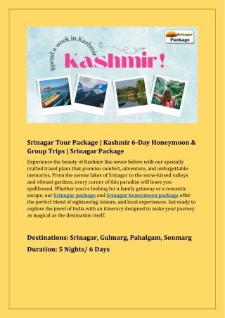 Srinagar Tour Package  Kashmir 6-Day Honeymoon & Group Trips Srinagar Package
