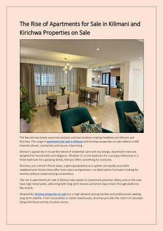 The Rise of Apartments for Sale in Kilimani and Kirichwa Properties on Sale
