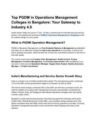 Top PGDM in Operations Management Colleges in Bangalore: Your Gateway to Industr