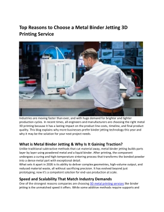 Top Reasons to Choose a Metal Binder Jetting 3D Printing Service