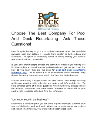 Choose The Best Company For Pool And Deck Resurfacing- Ask These Questions!