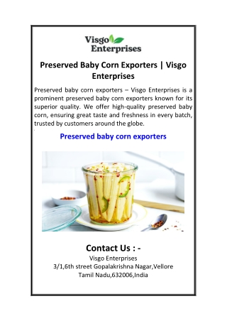 Preserved Baby Corn Exporters  Visgo Enterprises