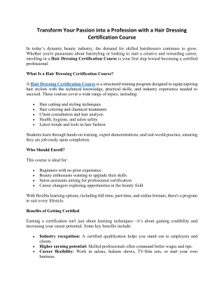 Transform Your Passion into a Profession with a Hair Dressing Certification Course