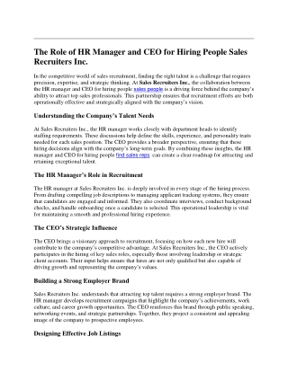 1 The Role of HR Manager and CEO for Hiring People Sales Recruiters Inc