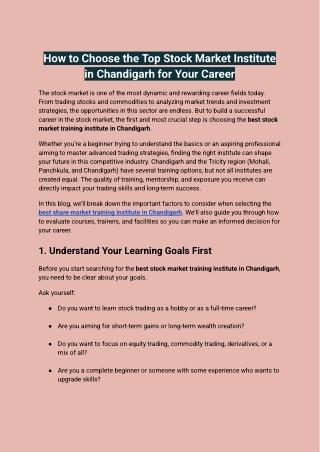 How to Choose the Top Stock Market Institute in Chandigarh for Your Career