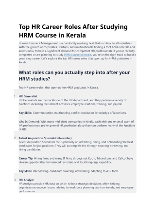 Top HR Career Roles After Studying HRM Course in Kerala