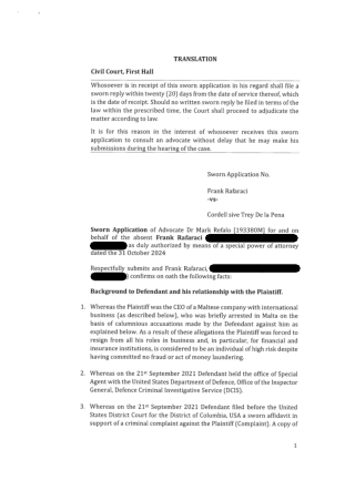 Civil Court Sworn Application Frank RafARaci vs Cordell sive Trey De la Pena