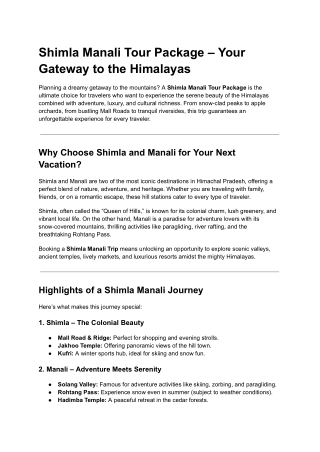 Shimla Kullu Manali Tour Package