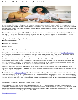 Short Term Loans Online Request Assistance Immediately from a Helpful Lender