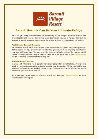 Baranti Resorts Can Be Your Ultimate Refuge