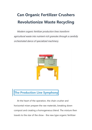 Can Organic Fertilizer Crushers Revolutionize Waste Recycling