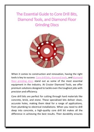 The Essential Guide to Core Drill Bits, Diamond Tools, and Diamond Floor Grinding Discs