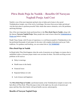 Pitra Dosh Puja In Nashik – Benefits Of Narayan Nagbali Pooja And Cost