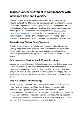 Bladder Cancer Treatment in Yamunanagar with Advanced Care and Expertise
